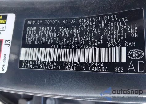 2012 Toyota Corolla Le из США, поврежденный, VIN 2T1BU4EE8CC913382